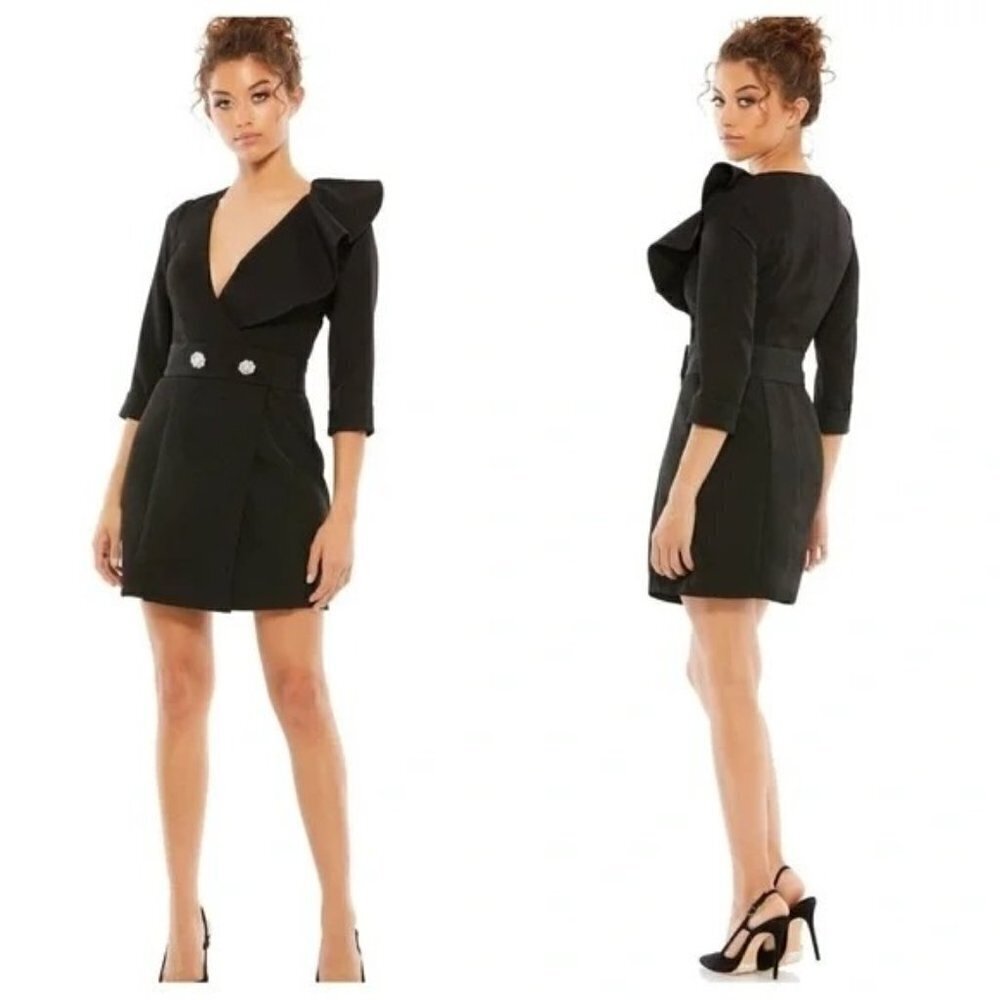 Mac Duggal 55692 Sheath Black Mini Dress Ruffles Plunging V Neck Size 4 NWT